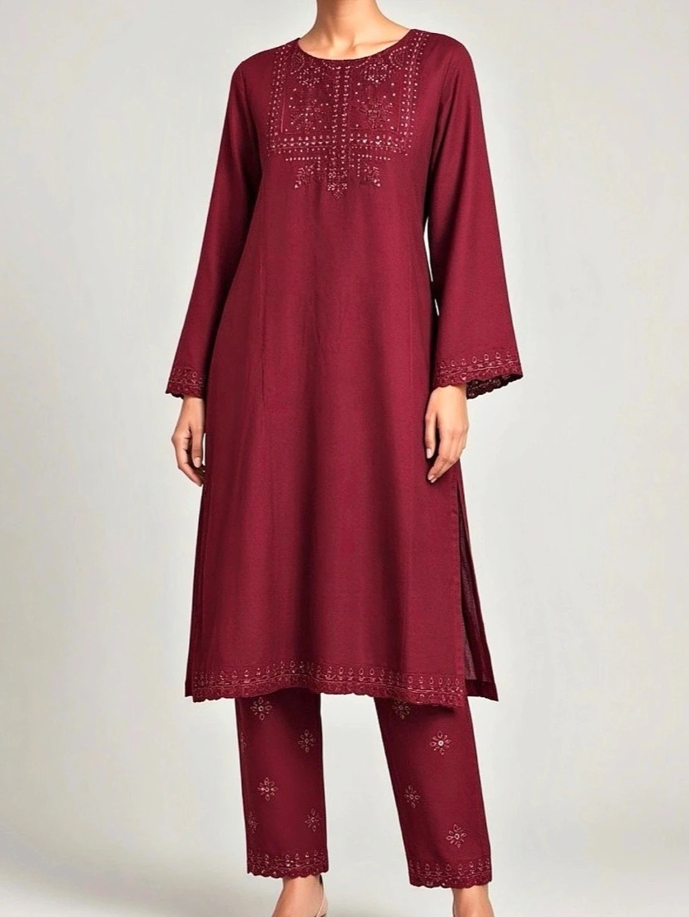Burgundy Embroidered Tunic Pant Set